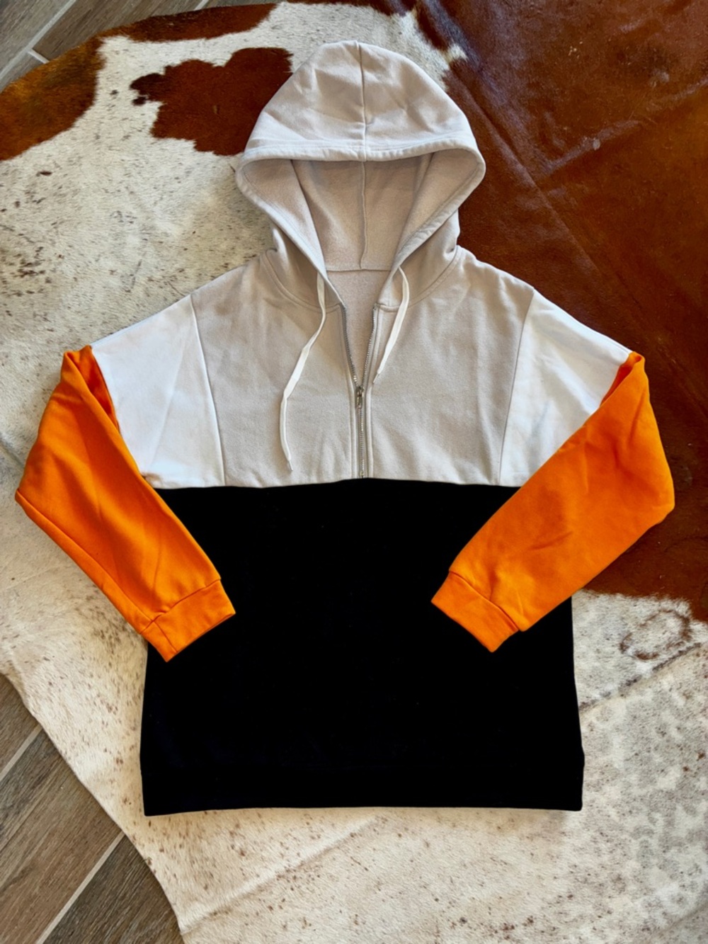 Color Block Hoodie Sweatshirt Medium Orange Black Cream Quarter Zip Pullover